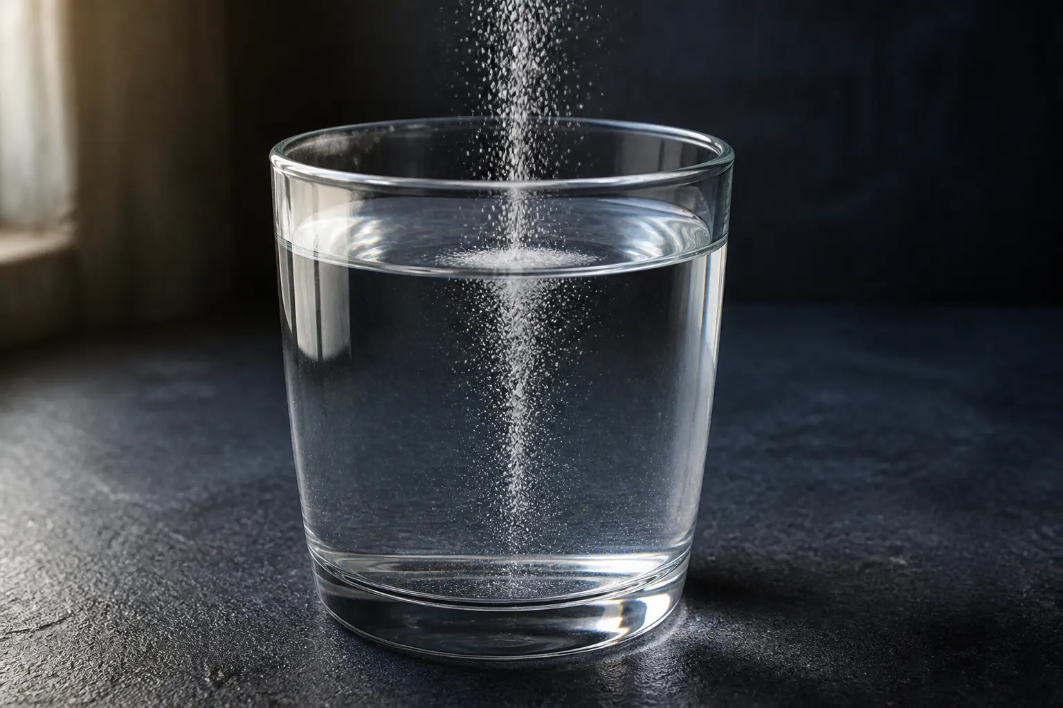 Ventra NMN powder dissolving fully clear in a glass of water in seconds