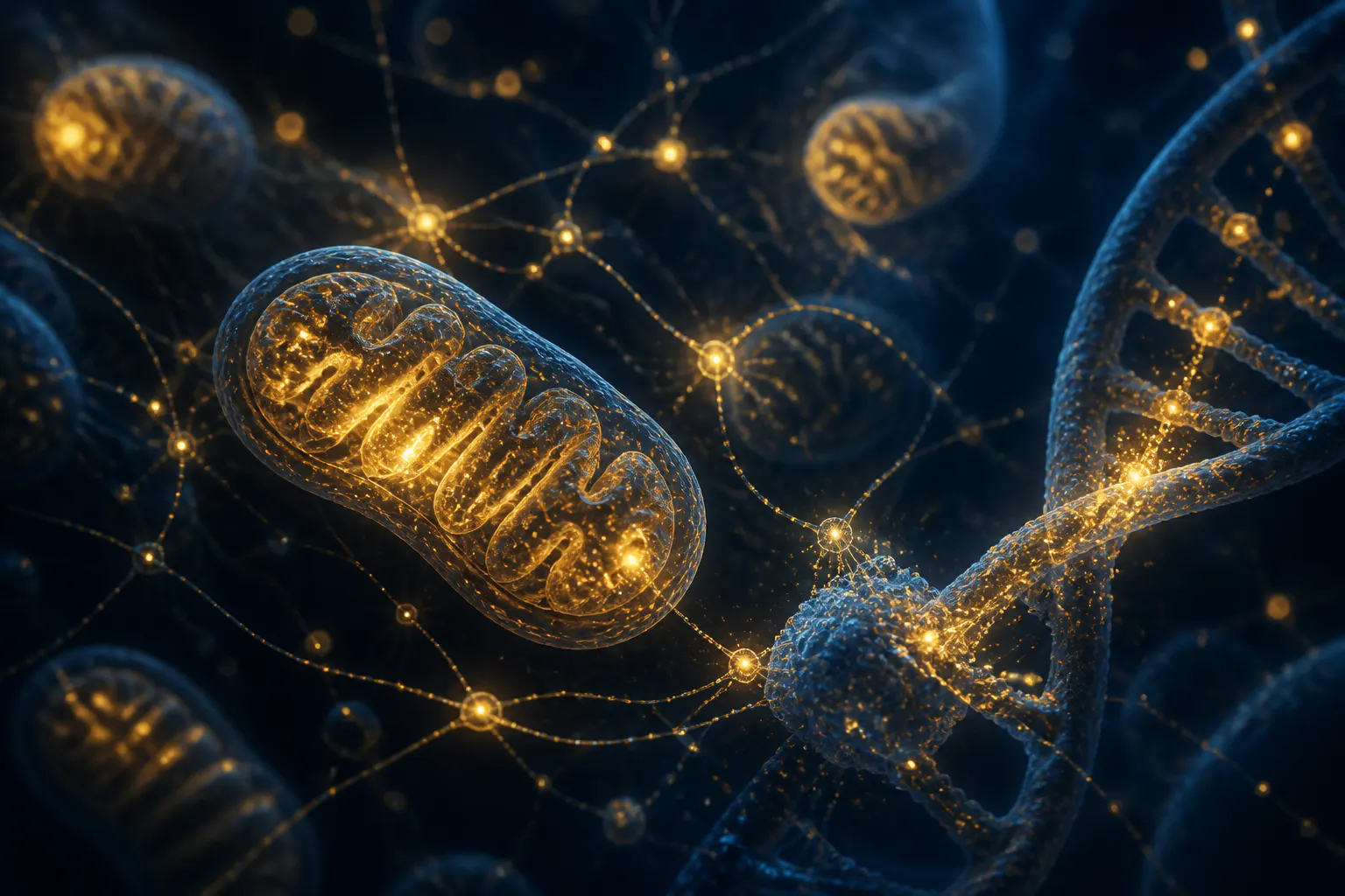 An abstract illustration of NMN converting to NAD plus at the cellular level
