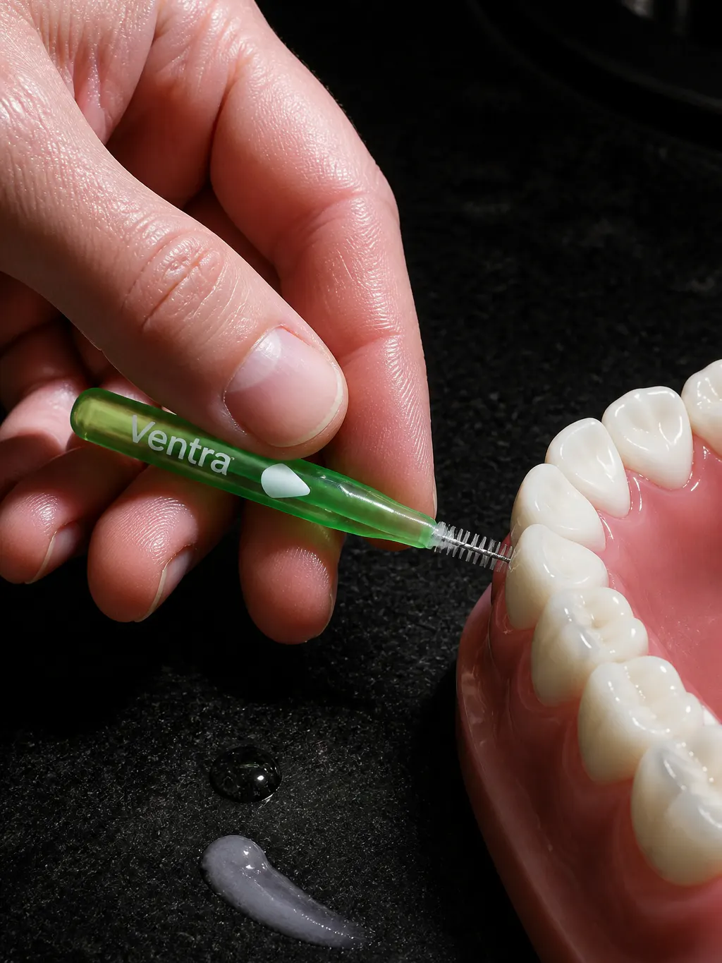 Bristled interdental brush tip reaching the curved side of a tooth