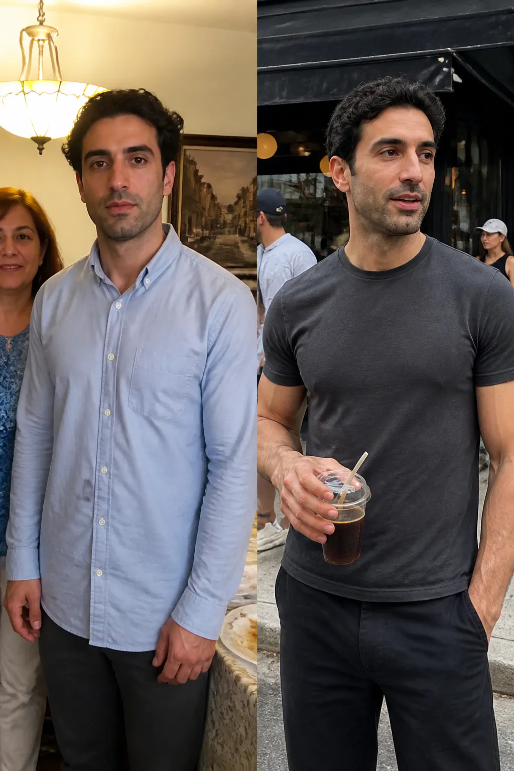 Broad-shouldered V-taper with visible chest and torso definition in the same fitted tee