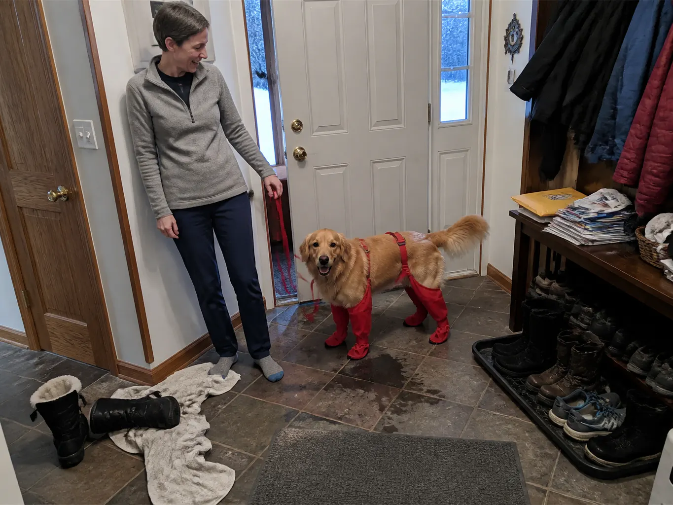 Golden retriever walking through wet mud with all four leg sleeves on
