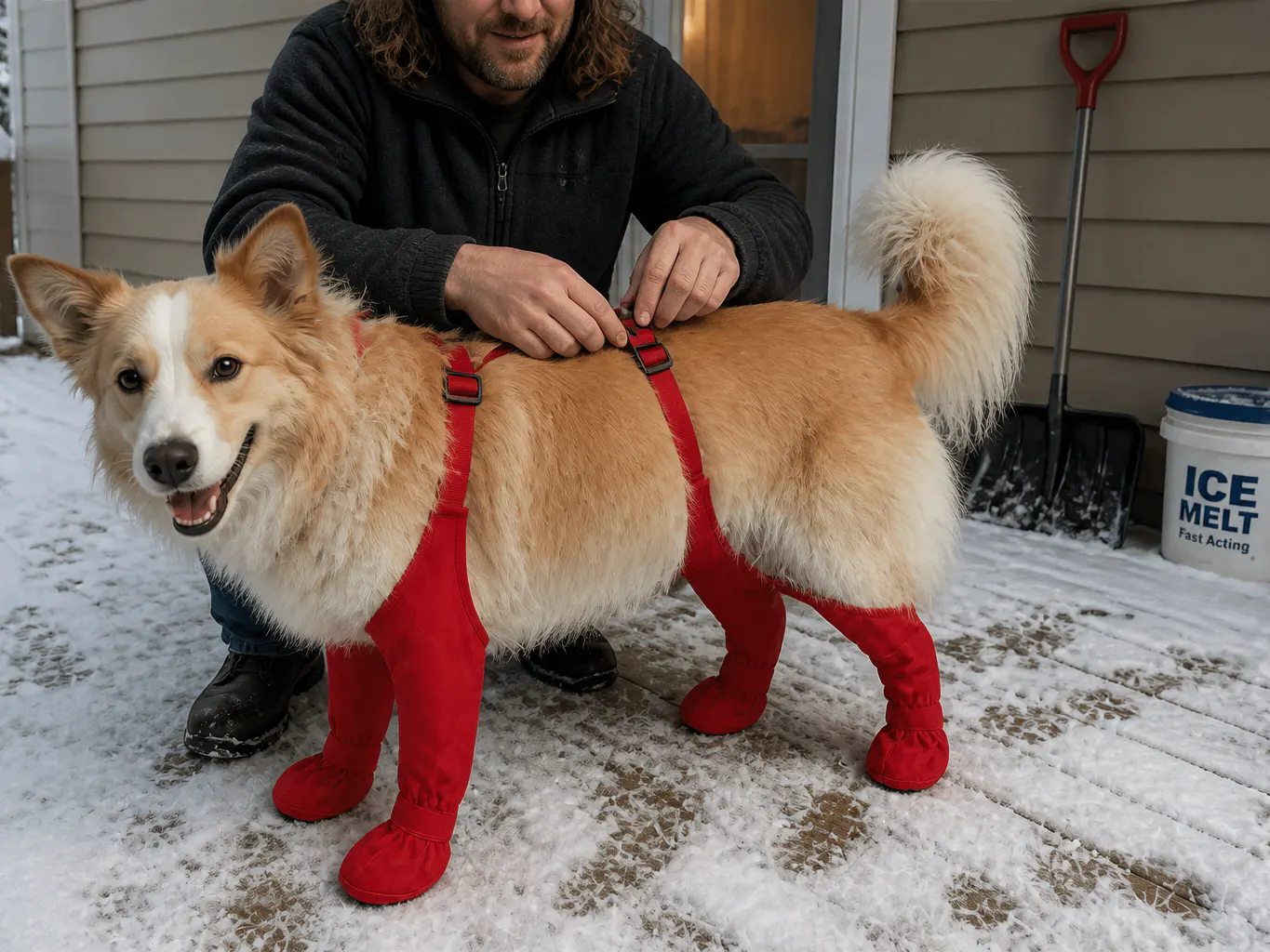 Fluffy dog standing in snow with clean legs and sleeves on