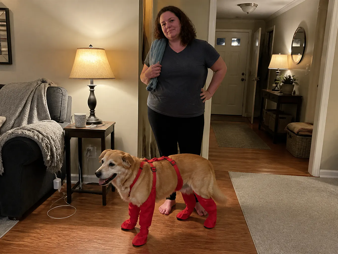 Basenji standing on a muddy trail wearing the leg sleeves