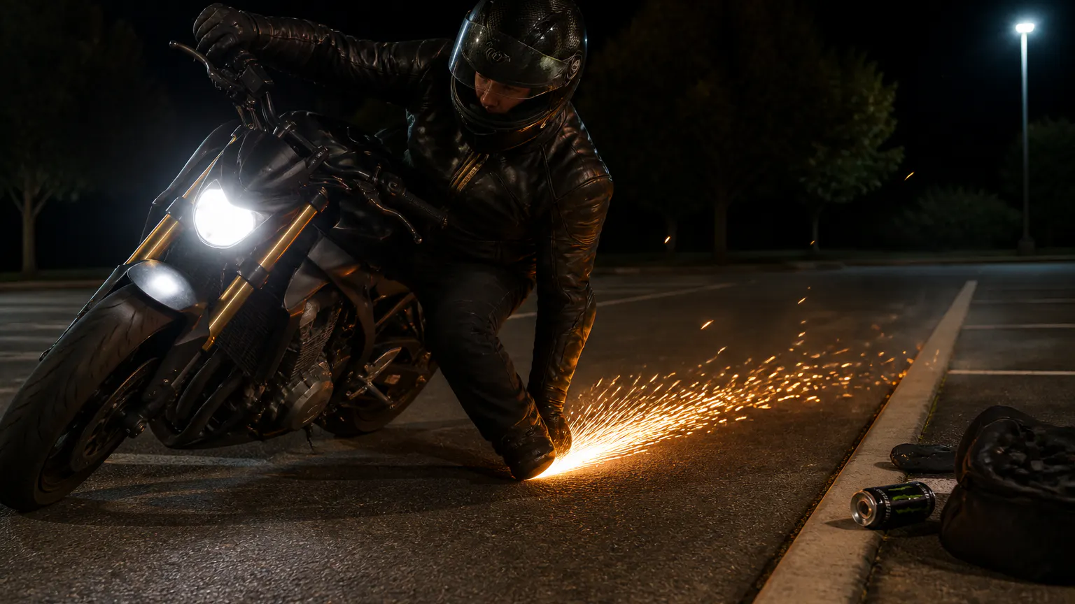 Rider grinding sparks off a boot at night in a closed parking lot