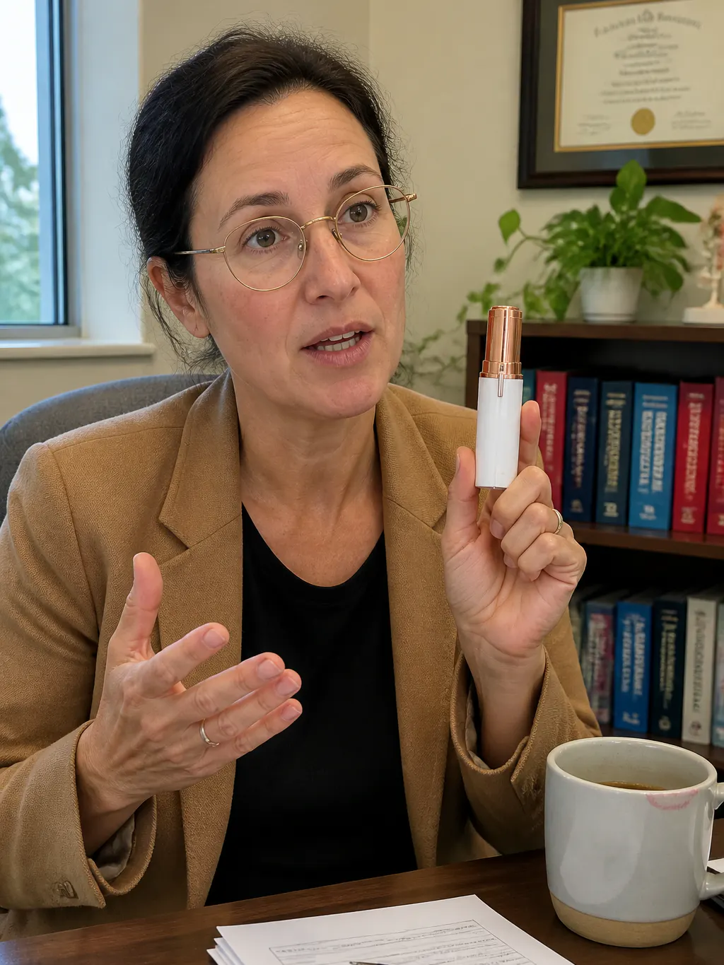 Dermatologist in a white coat presenting the trimmer in a clean treatment room