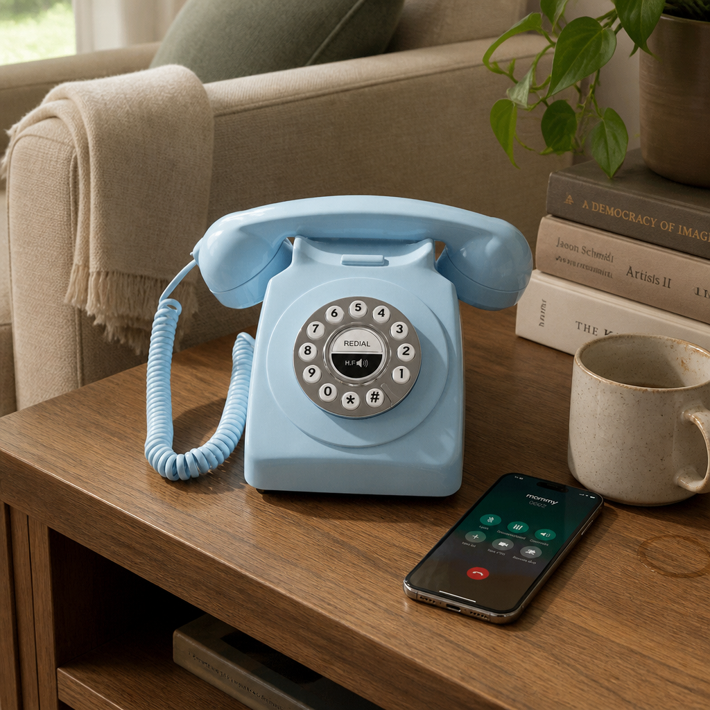 Ventra retro Bluetooth telephone styled on a console beside a modern smartphone