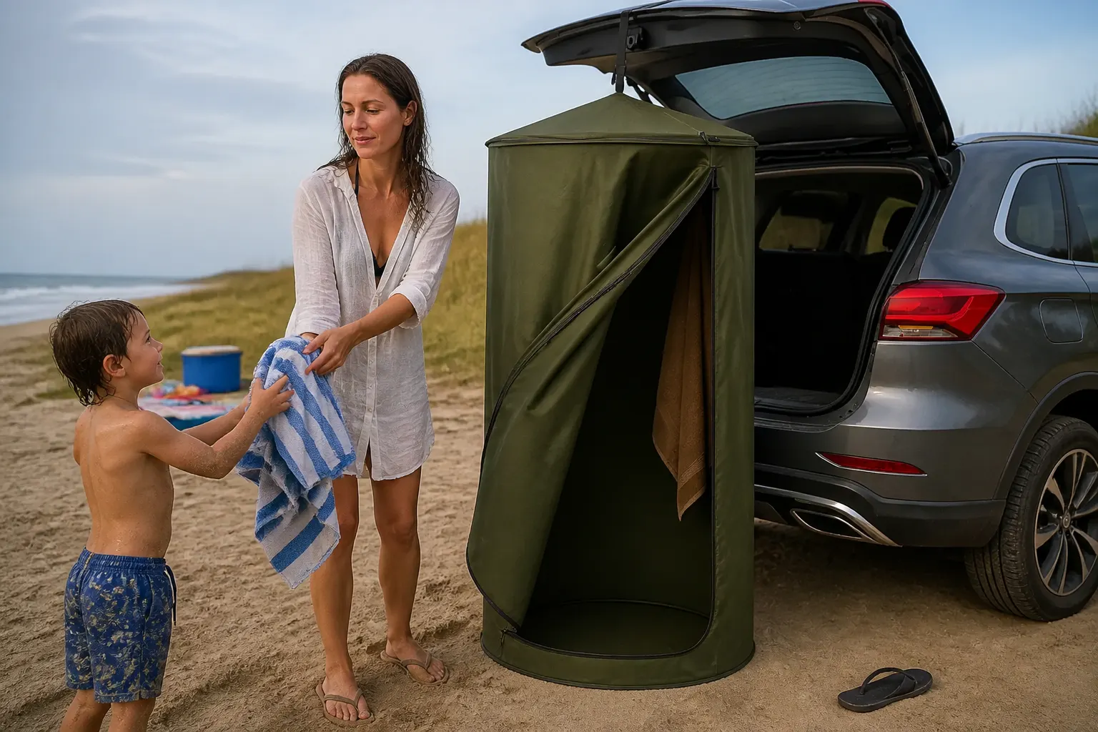 A wet kid changing inside the Ventra tent clipped to the car at the beach