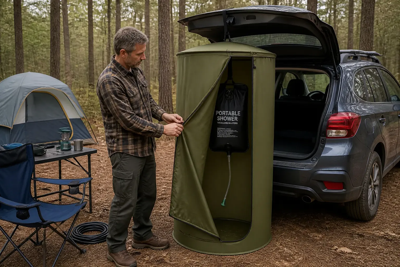Ventra set up at a campsite with a shower bag hanging inside