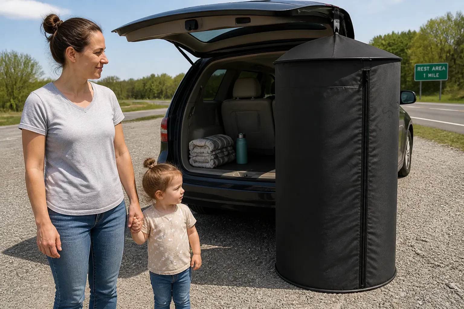 Ventra set up on a roadside for a toddler potty stop