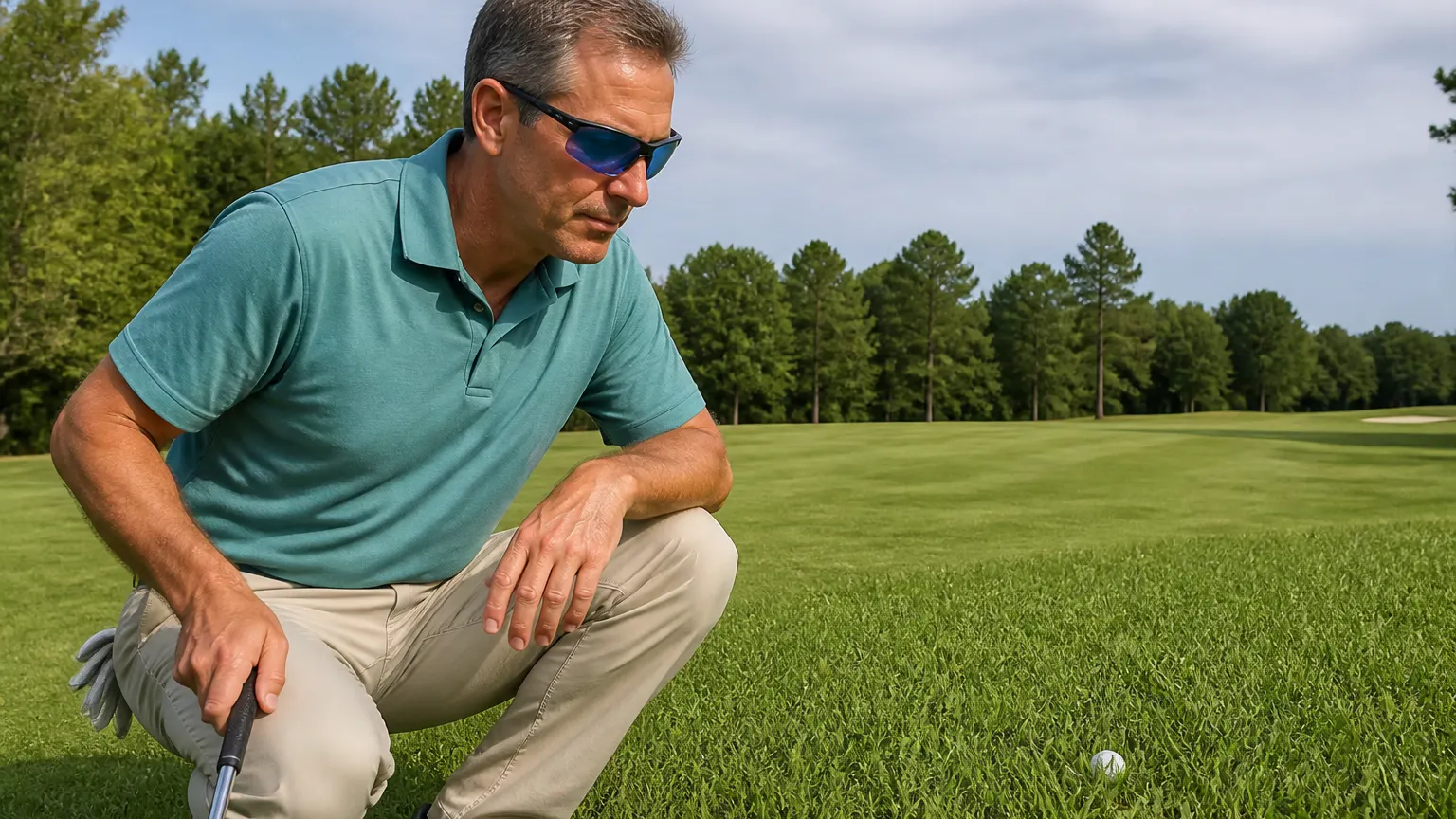 White golf ball popping out of the rough seen through the tinted lens