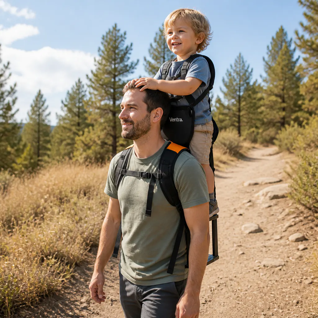 Parent walking hands-free with child clipped in