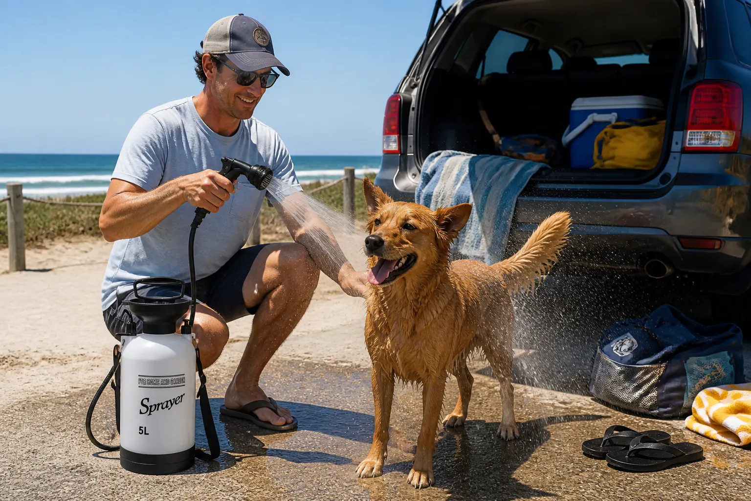 Pressurized outdoor rinse after the beach