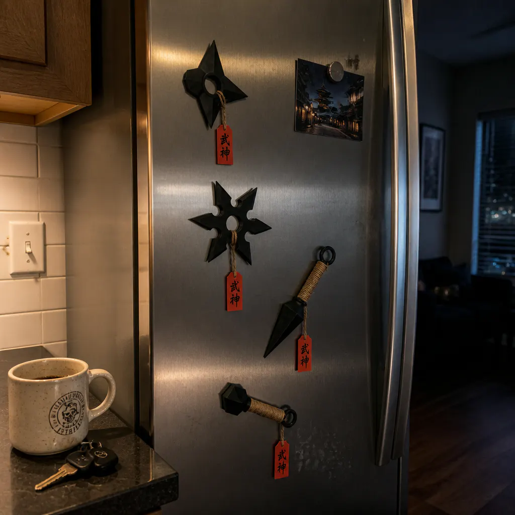 Four matte-black ninja weapon magnets on a steel fridge with red calligraphy tags
