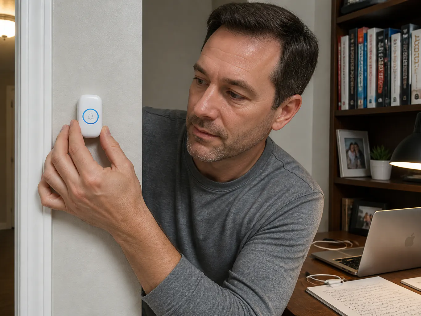 A parent's hands mounting the small white button on a kitchen wall
