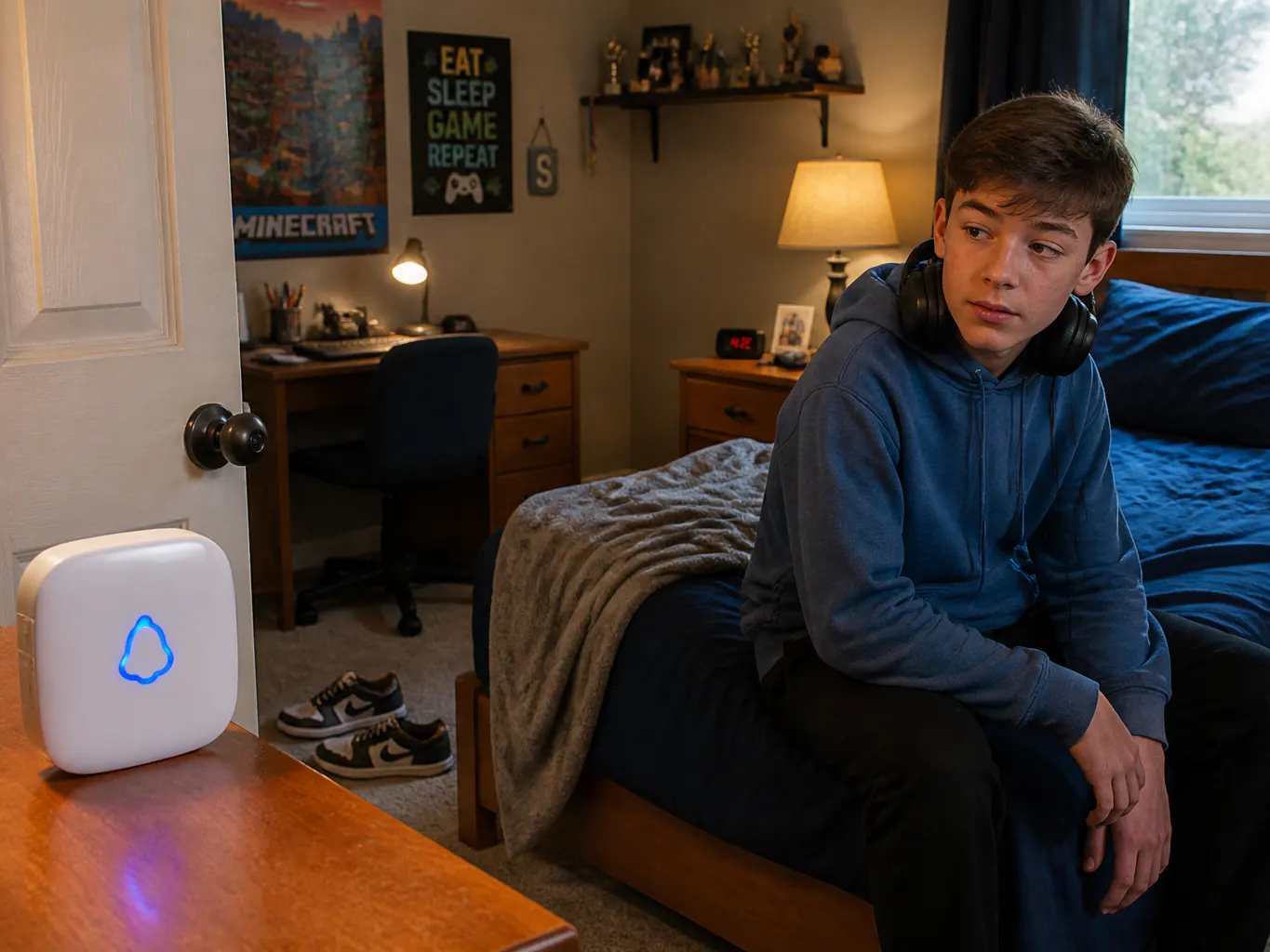 A teenager at a bedroom door looking toward the flashing chime