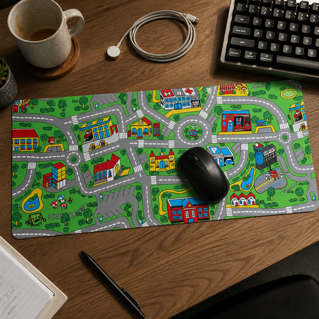 RetroRoads desk mat lying perfectly flat on a desk