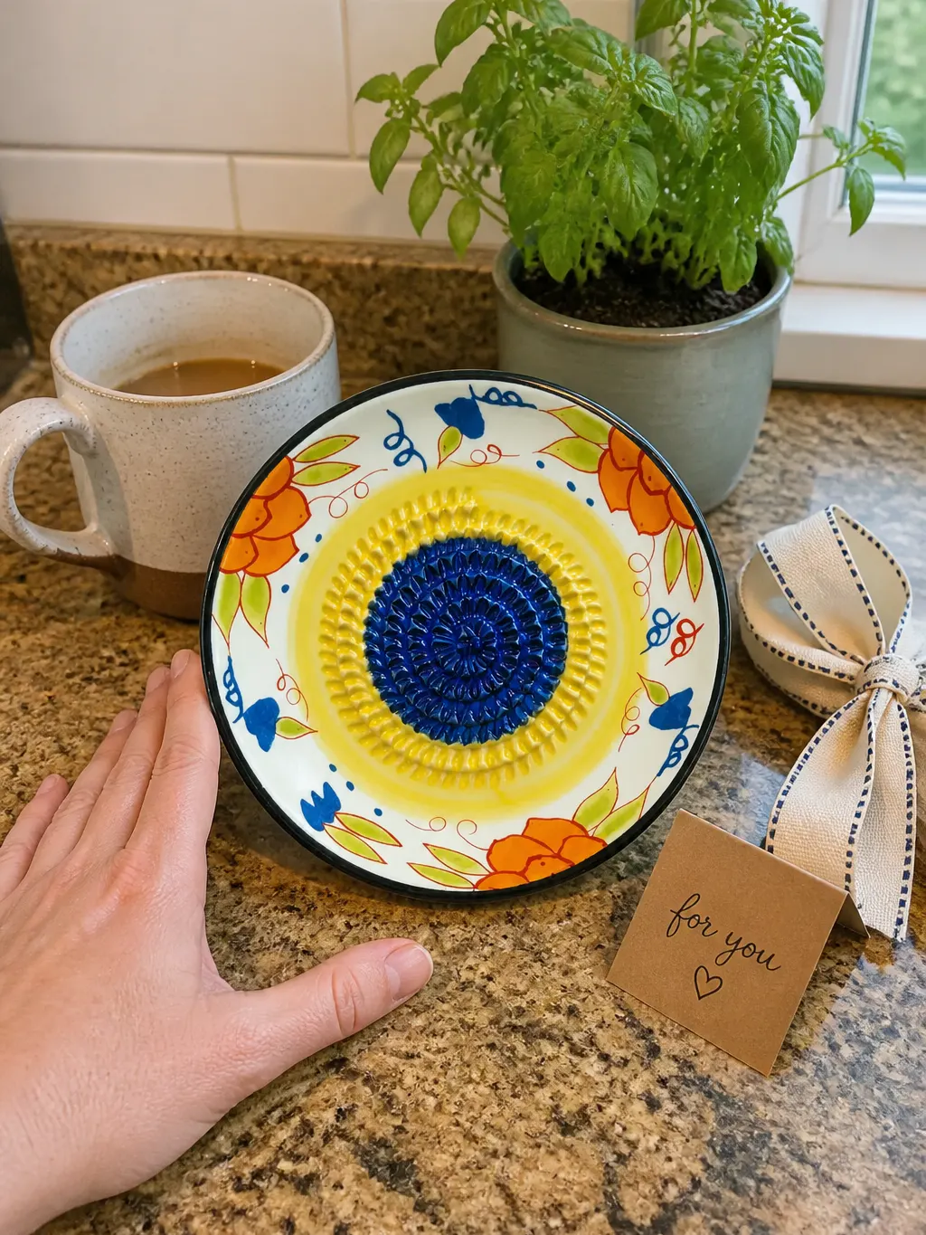 The hand-painted ceramic dish held in one hand for scale, ready to gift