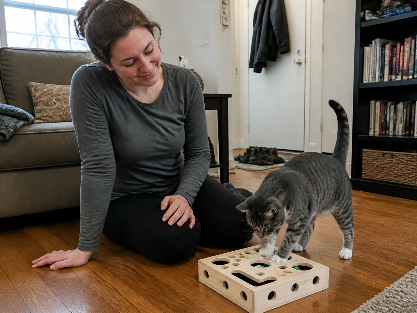 The wooden nail box on a kitchen floor with a cat beside it