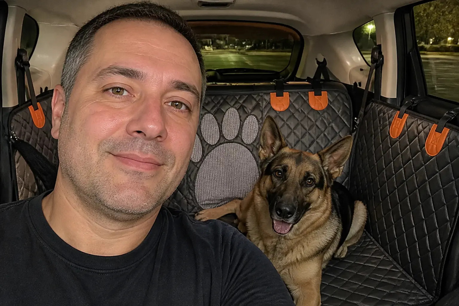 German Shepherd on the cover in an SUV