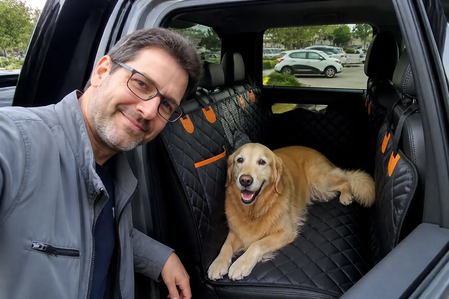 Golden Retriever settled on the cover in a truck