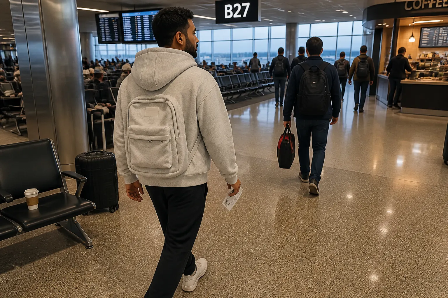 Traveler wearing the NomadHood hoodie in an airport terminal, reading as a normal oversized hoodie