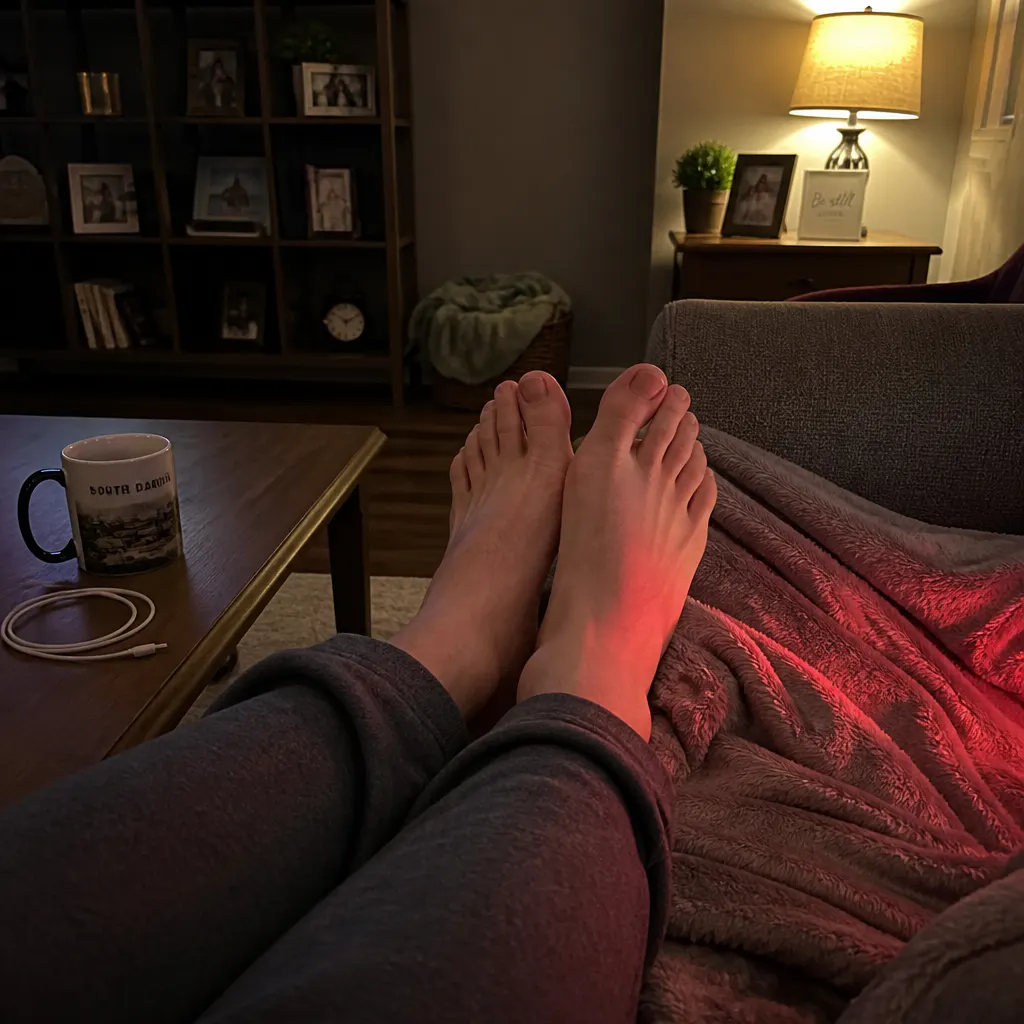 Red glow on resting feet in a calm evening setting