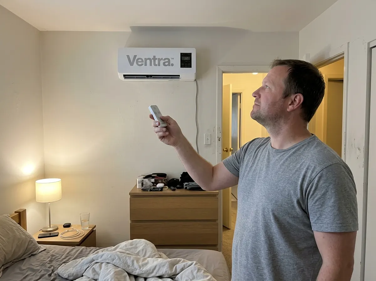 Wall-mounted climate unit hung on a bare interior wall beside a closed window