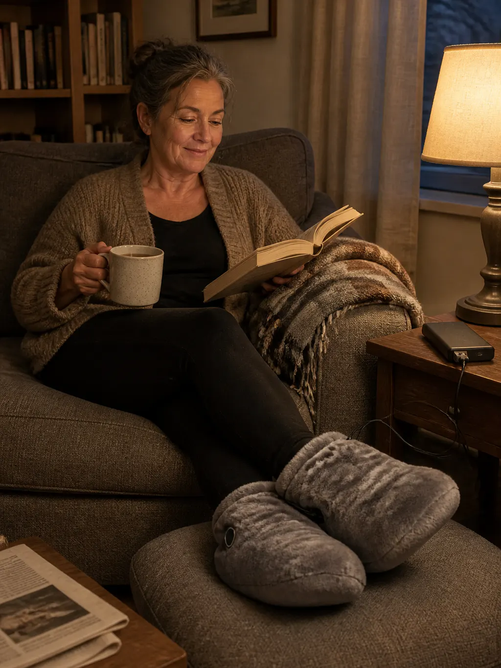 A woman relaxing on the couch in warm heated slippers