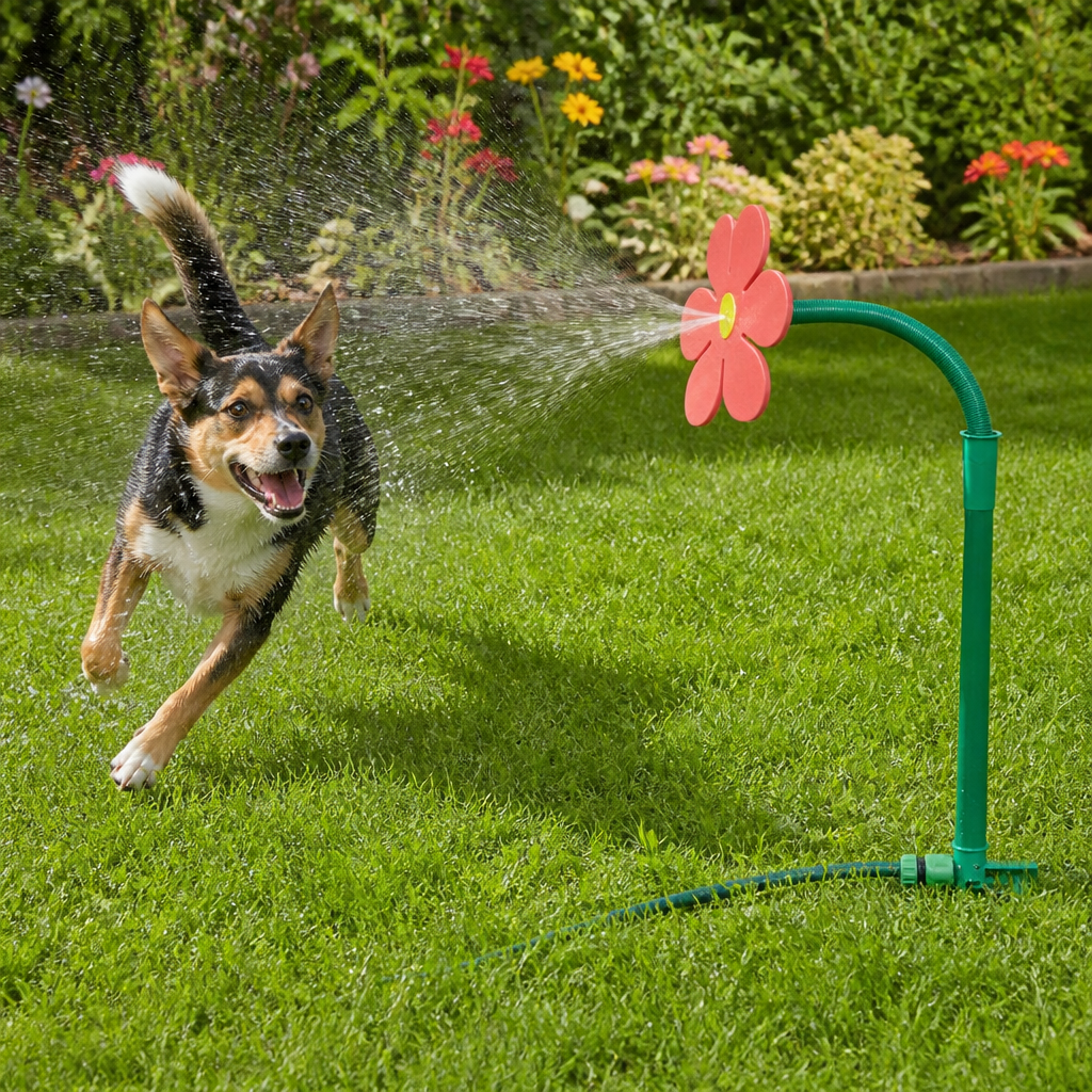 A happy dog chasing the durable dancing flower sprinkler on a sunny lawn