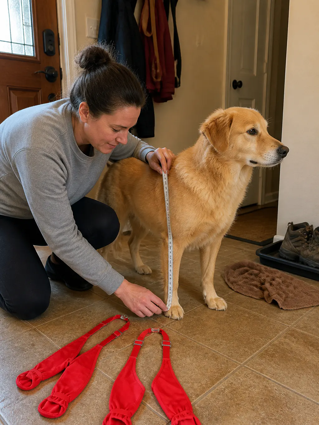A hand holding a soft tape across the widest point of a dog's front paw, paw flat on the floor