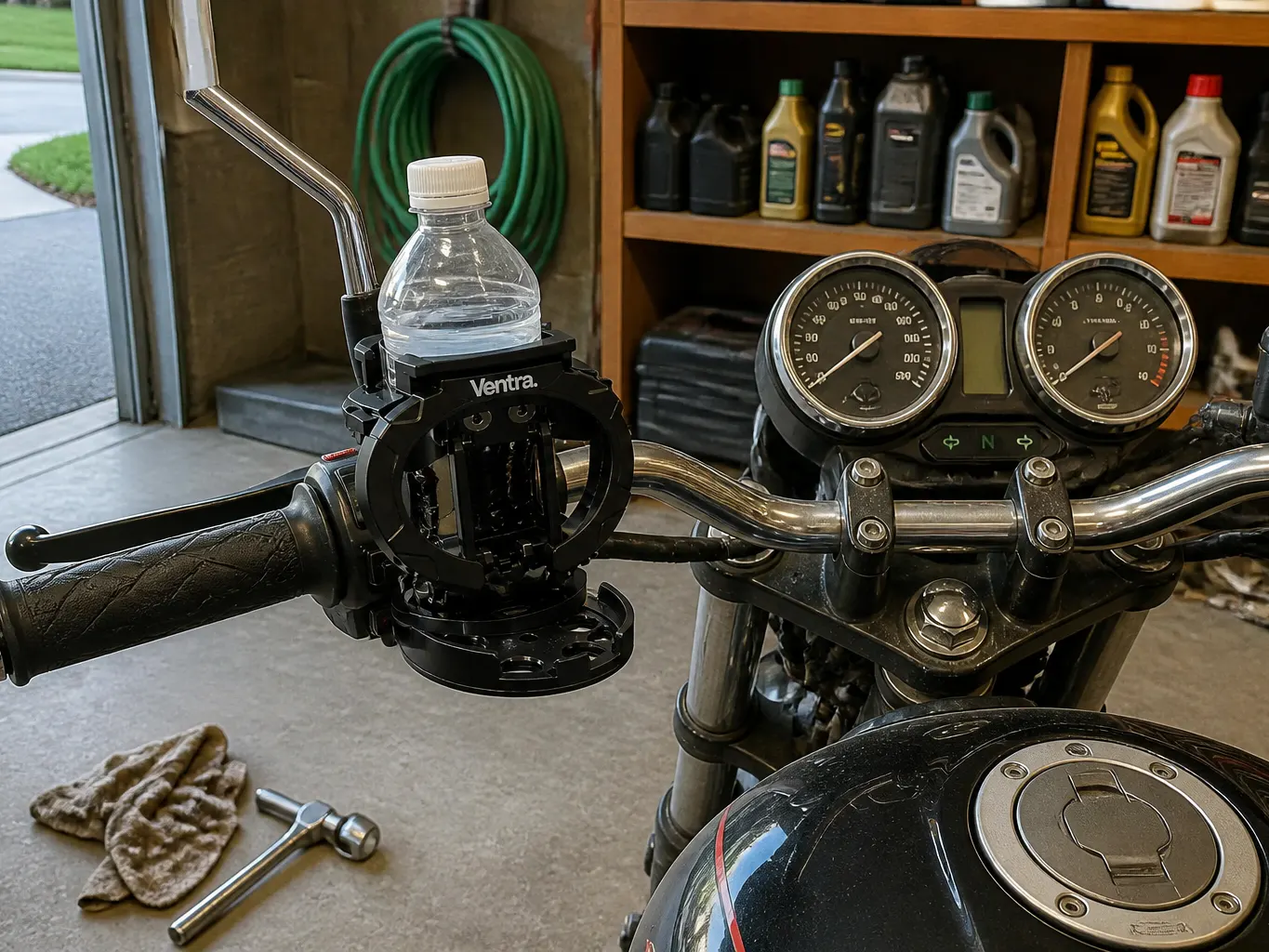 Holder clamped to a motorcycle handlebar with a bottle in the cage