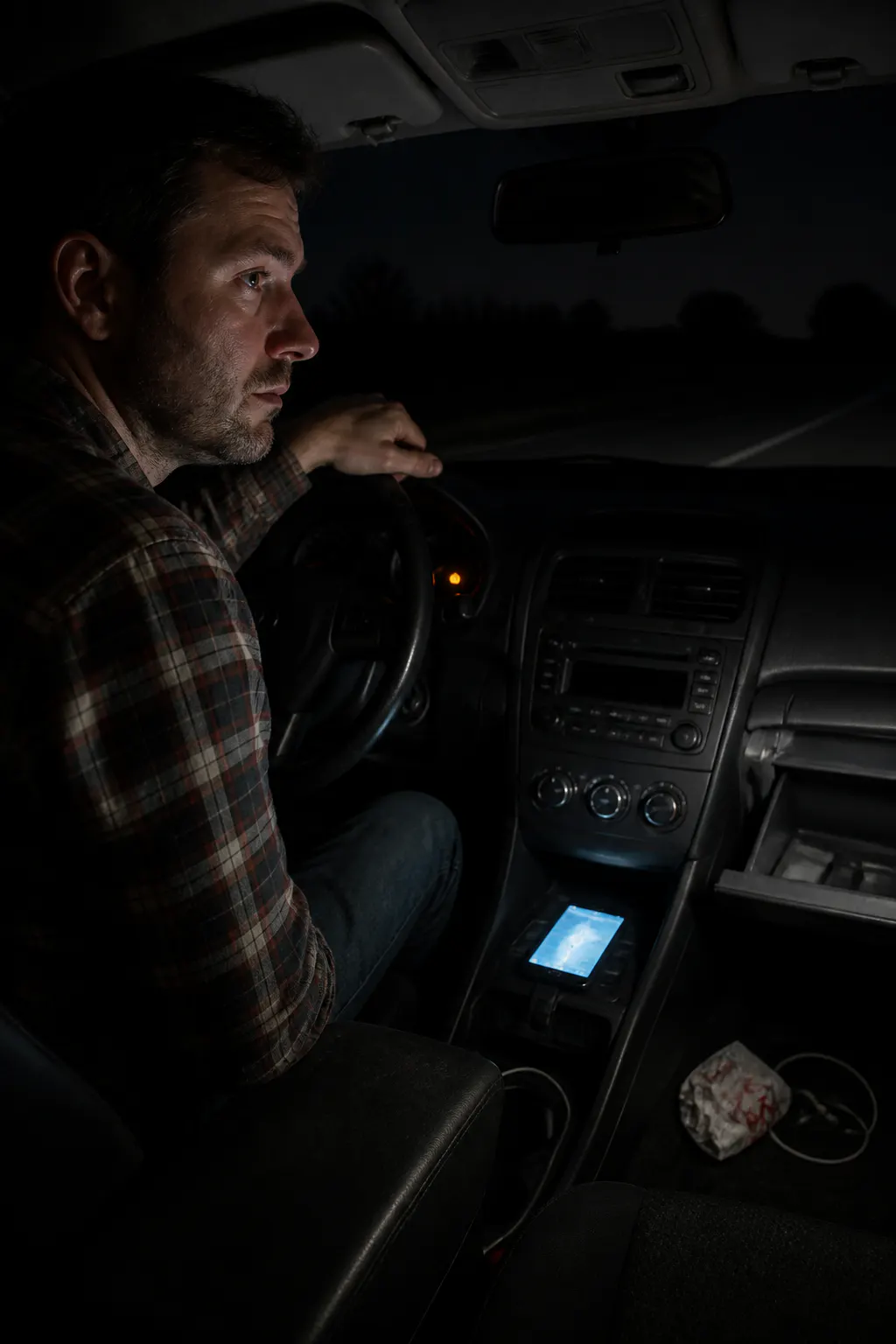 A car pulled over on a dark rainy roadside at night