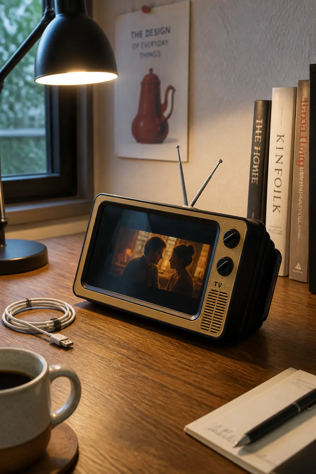 Retro TV phone magnifier on a warm curated desk