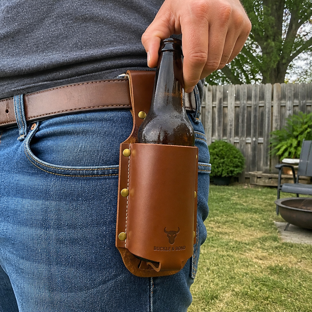 Dropping a bottle into the leather cradle