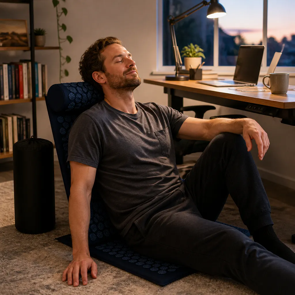 SpikeRest neck pillow at a home desk during a work break