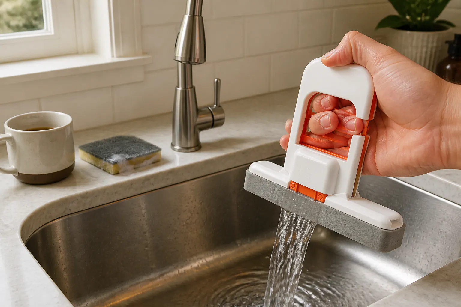 Mini mop being wrung out over a clean sink