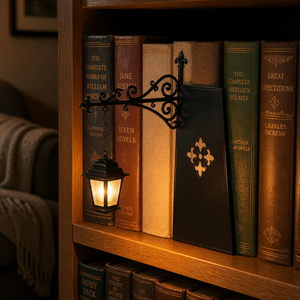 The lantern glowing warm yellow on a dim shelf