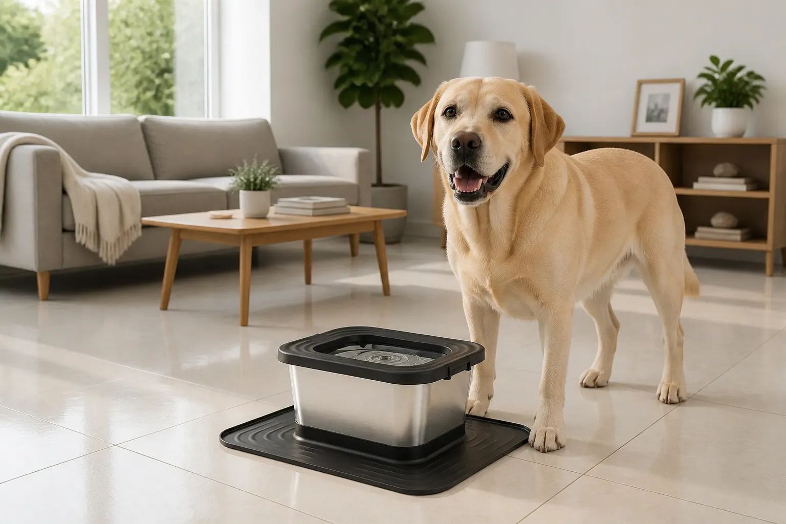 Calm dog beside the Ventra bowl on a dry kitchen floor