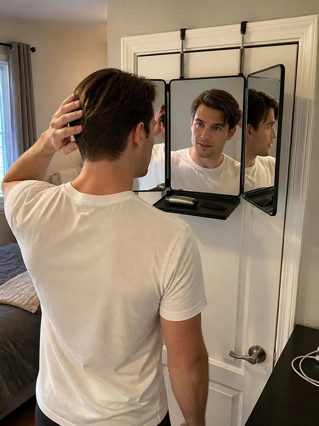 Trifold mirror hung over a door with side wings angled inward