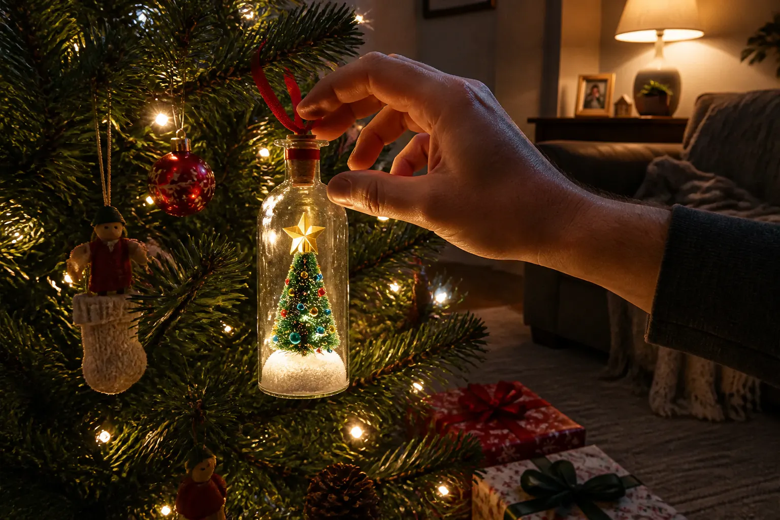 A hand reaching to lift the cork on the glowing message bottle at night