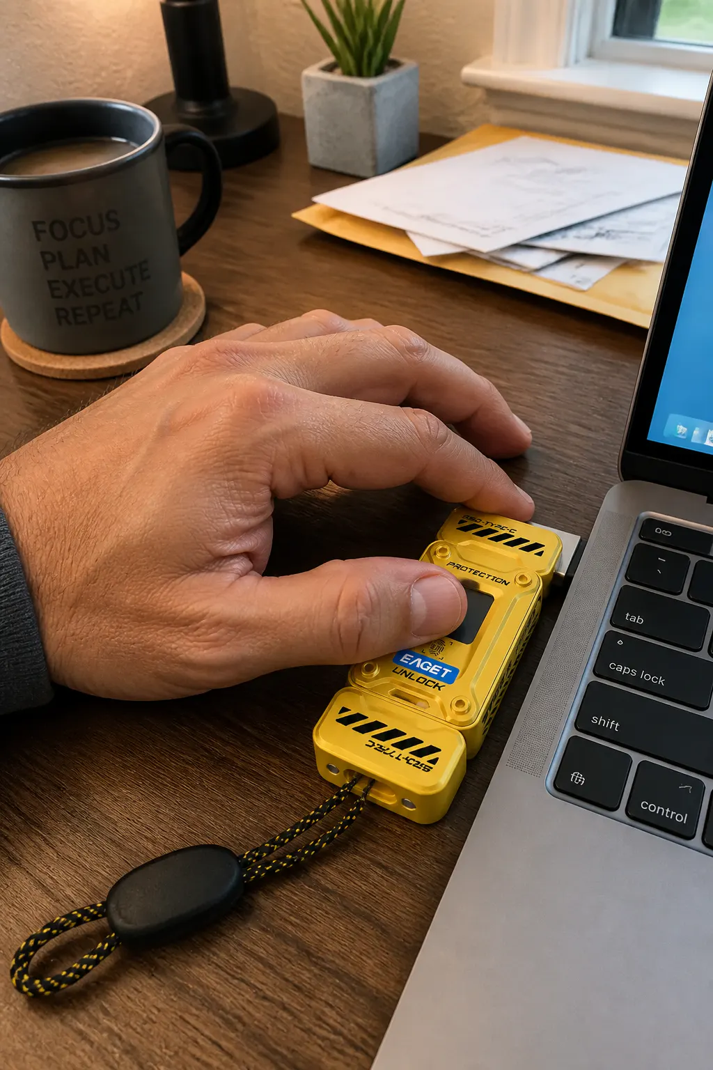Finger unlocking the Ventra fingerprint encrypted USB-C drive
