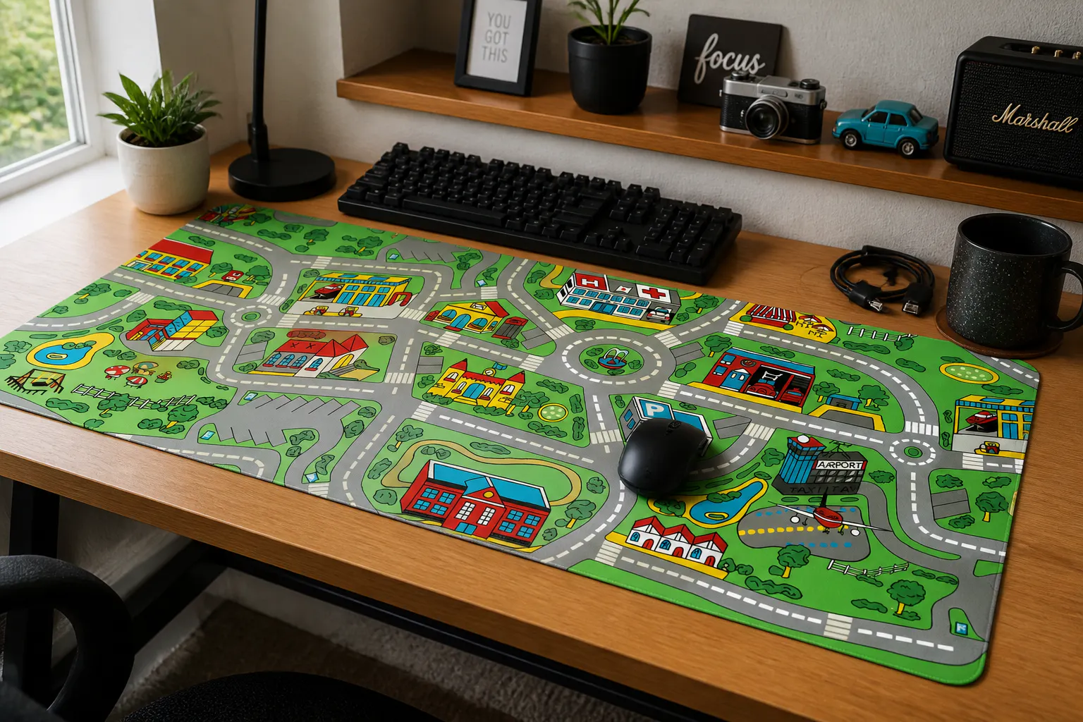 The finished desk with the road-rug mat, keyboard and mouse in place