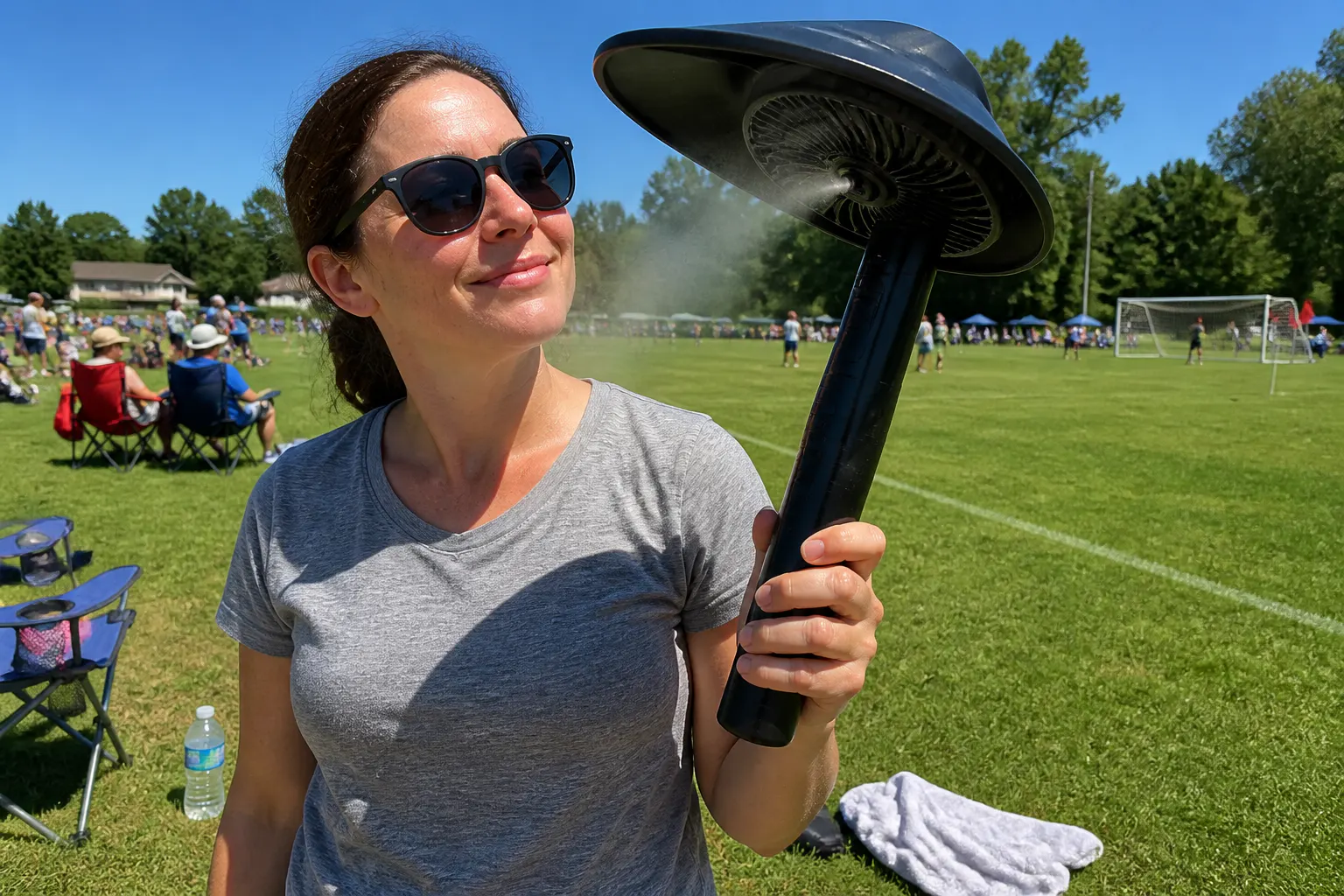 Person cooled under the open fan-mist umbrella in bright sun