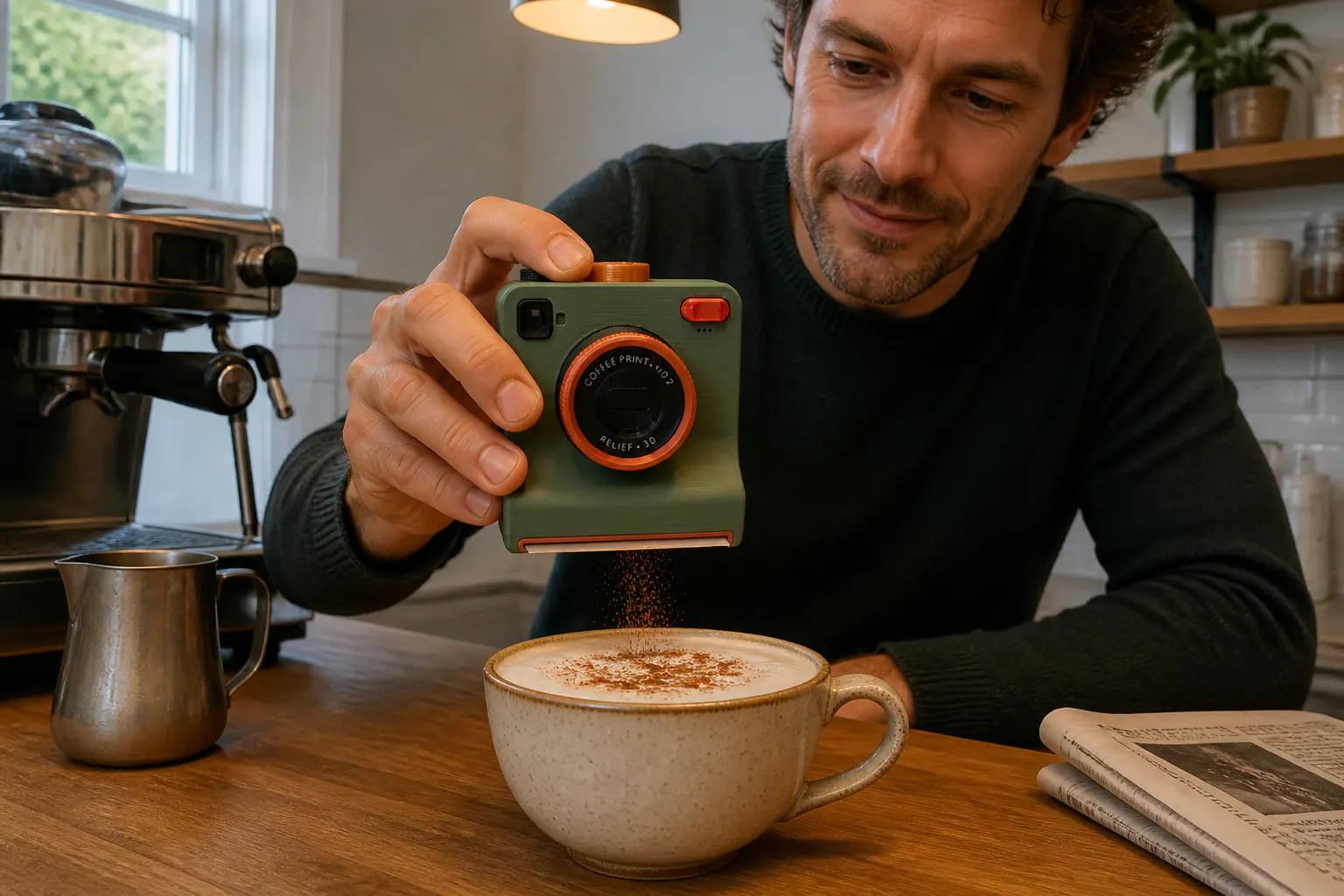 The camera hovering lens-down over a filled cup with a visible air gap, thumb on the top button