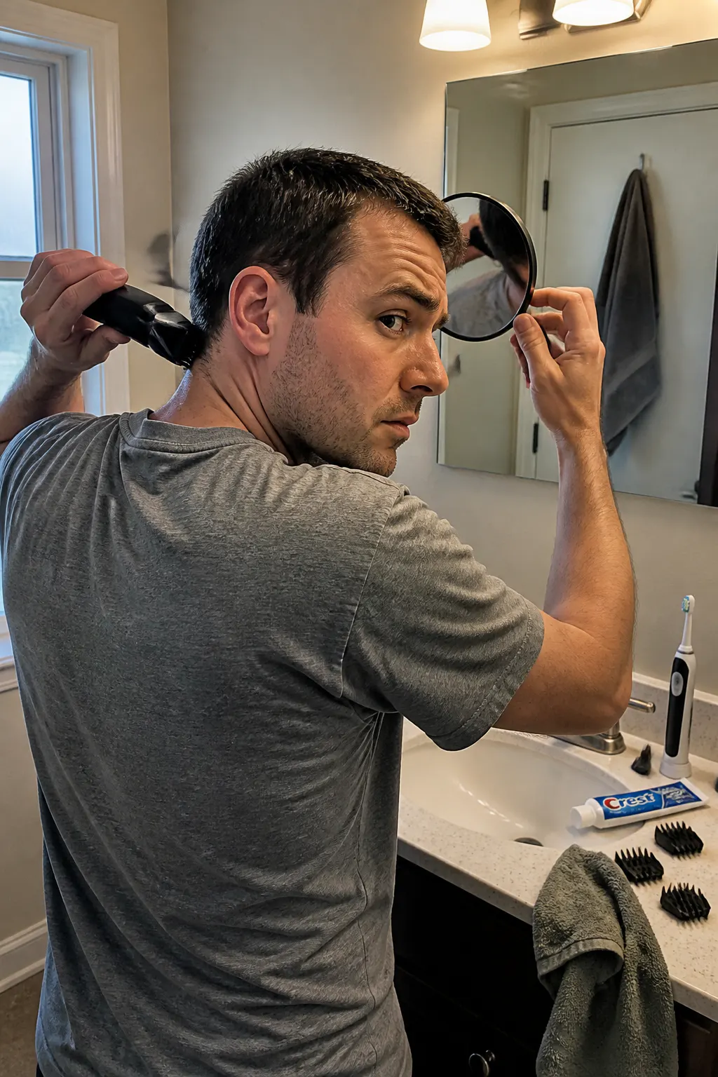 A cramped bathroom, one hand holding clippers, the other fighting a handheld mirror