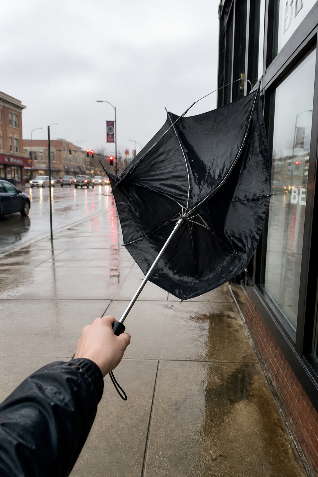 A cheap umbrella flipped inside-out in the wind