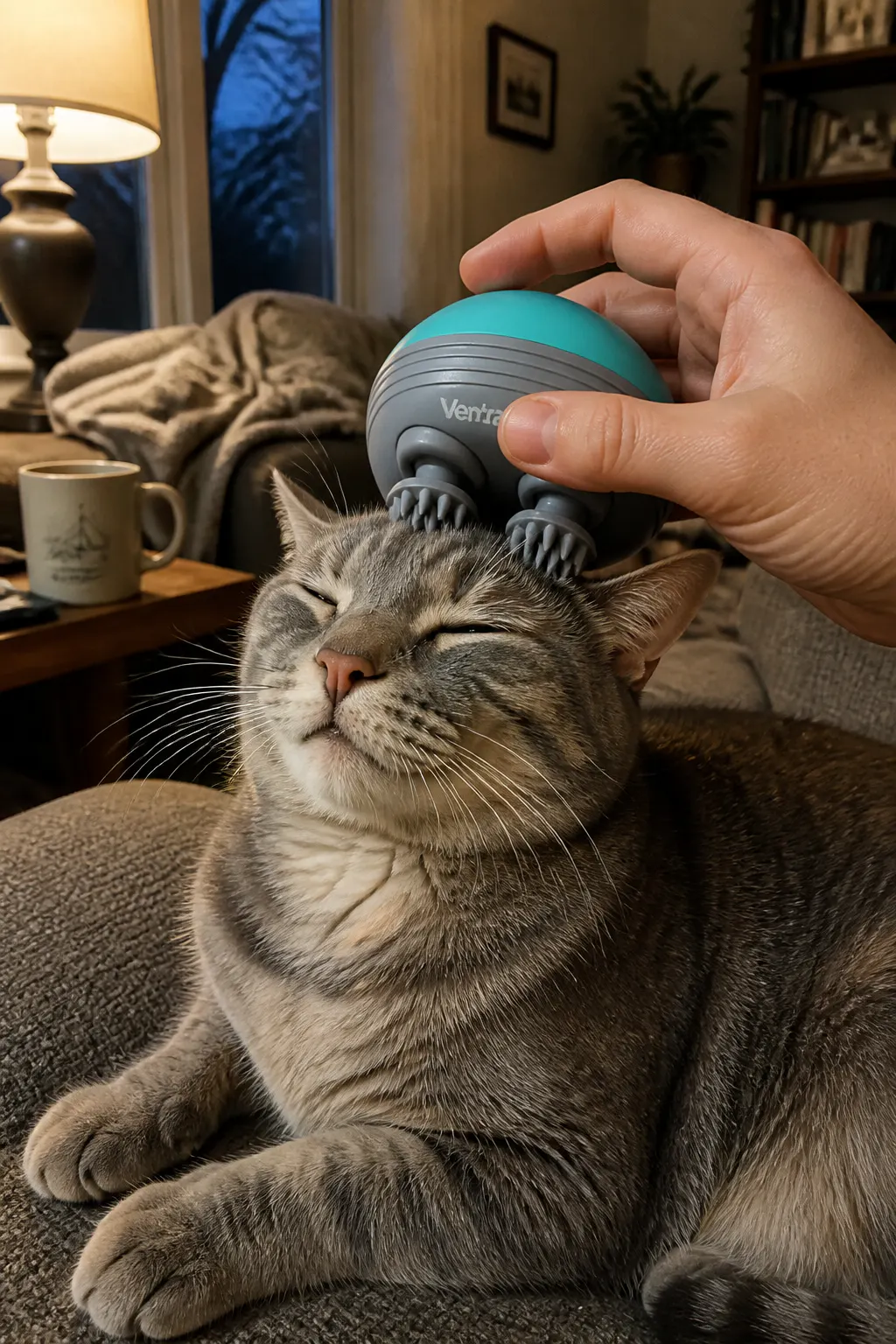 Cat relaxing under the silicone massage heads