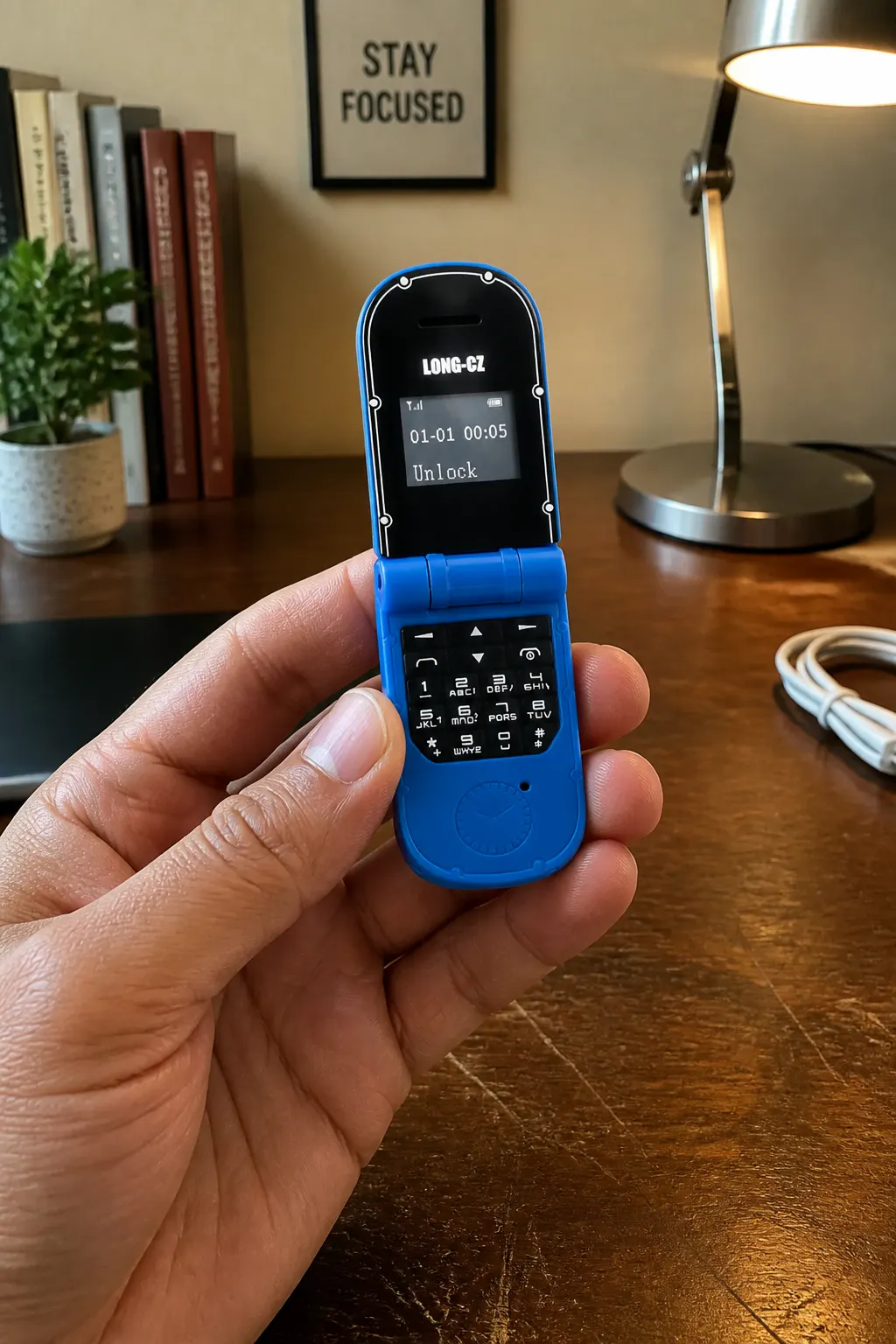 Ventra flip phone held between two fingers for scale