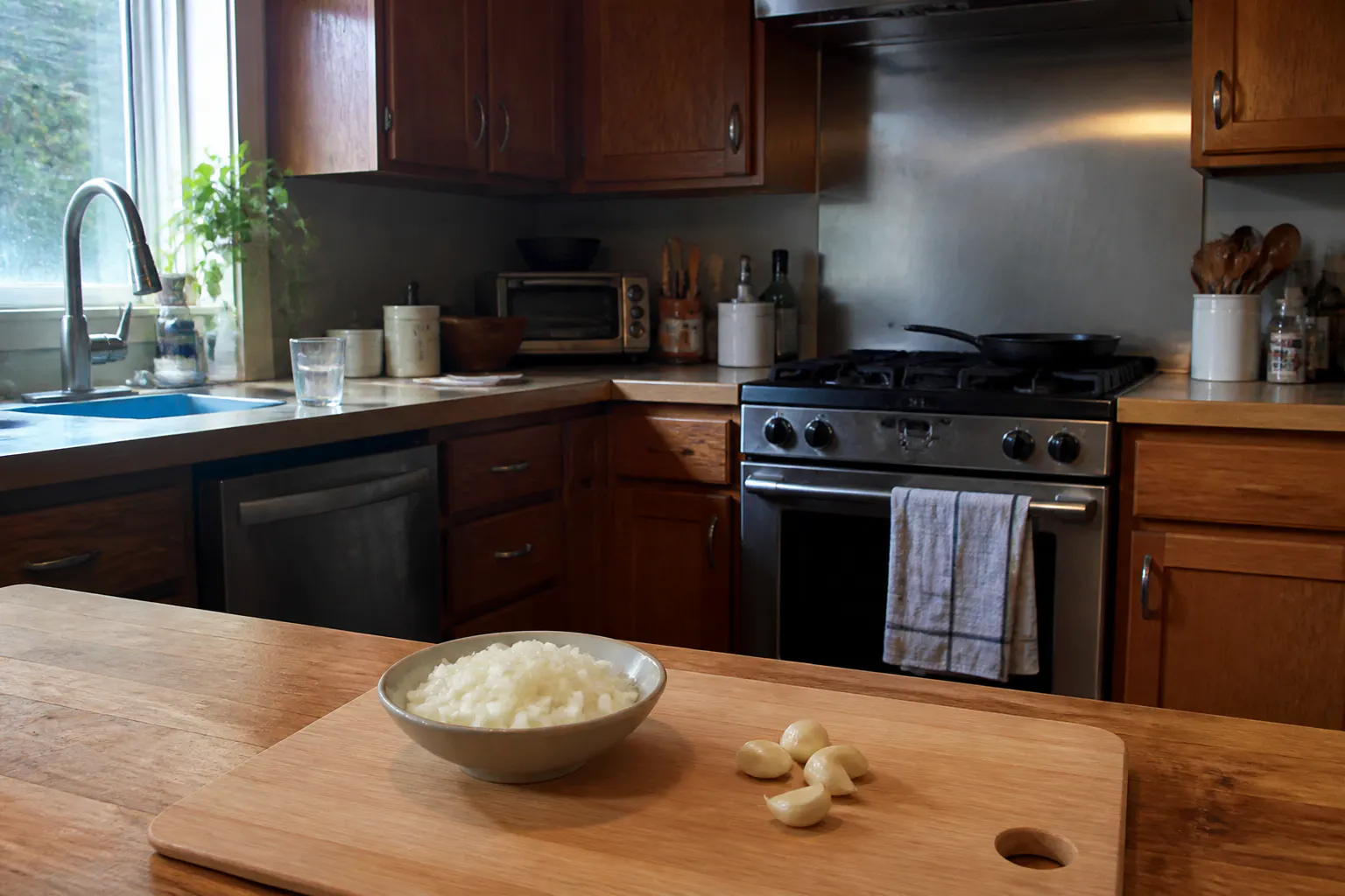 Diced onion pouring from the chopper into a pan