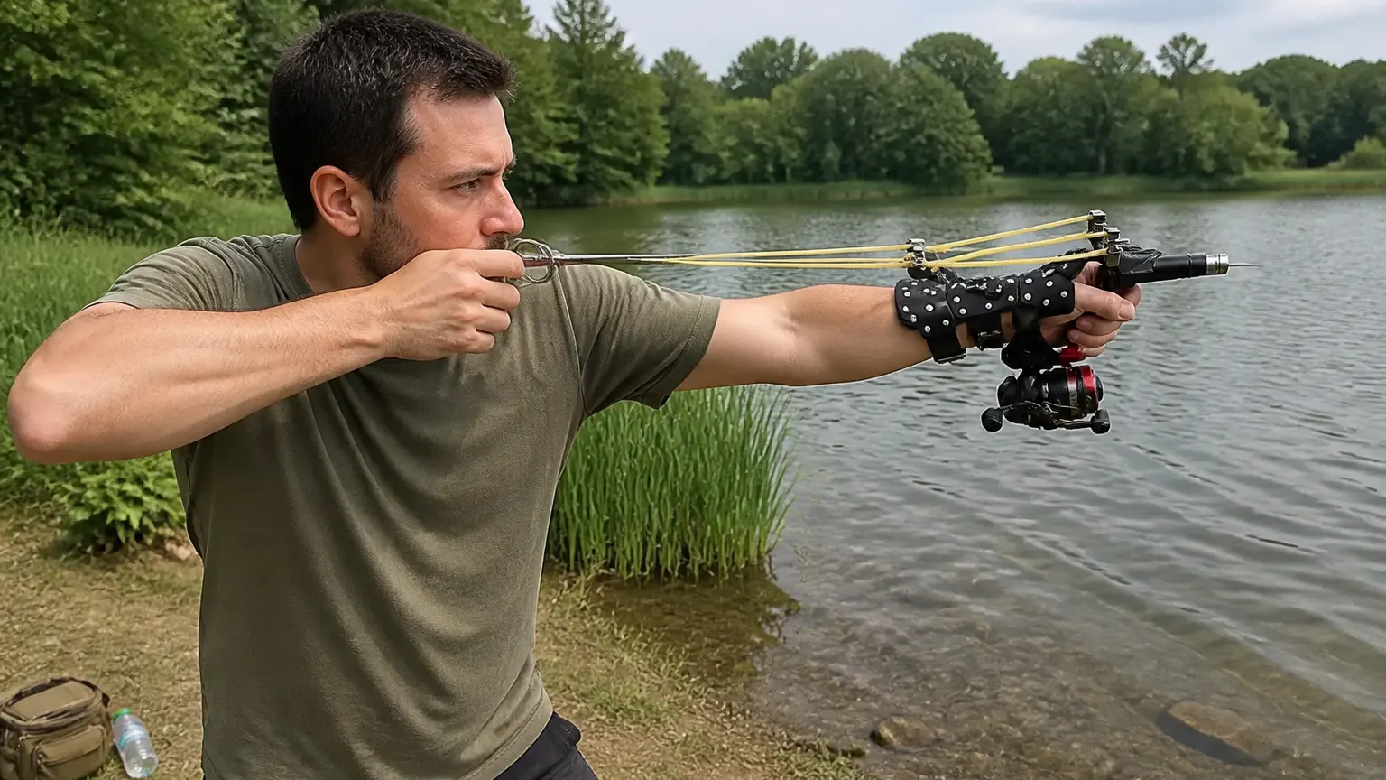Angler drawing the slingbow on a lake bank in daylight